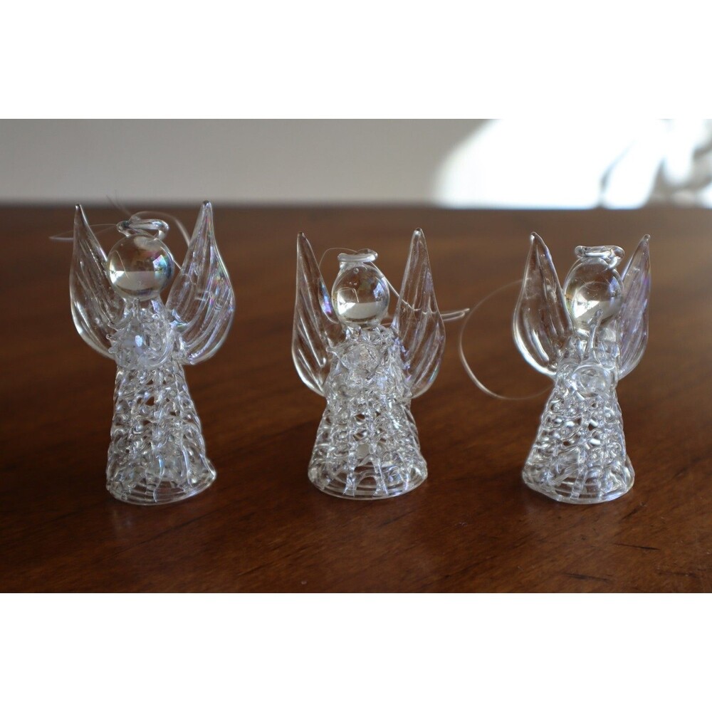 Lot 3x Iridescent Spun Glass Angel Ornament Instrument Star Christmas Tree 3"